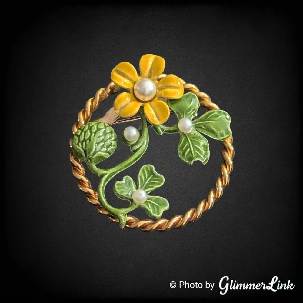 Vintage Enamel Clover Brooch Yellow Flower Green Leaves Faux Pearl Circle Pin
